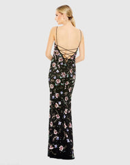 Black Embellished Spaghetti Strap Lace Up Gown