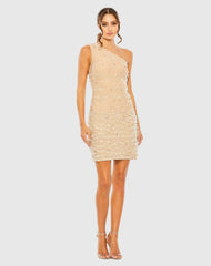 Beige One Shoulder Crystal Drop Dress