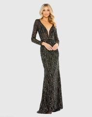 Black Embellished Long Sleeve Plunge Trumpet Gown