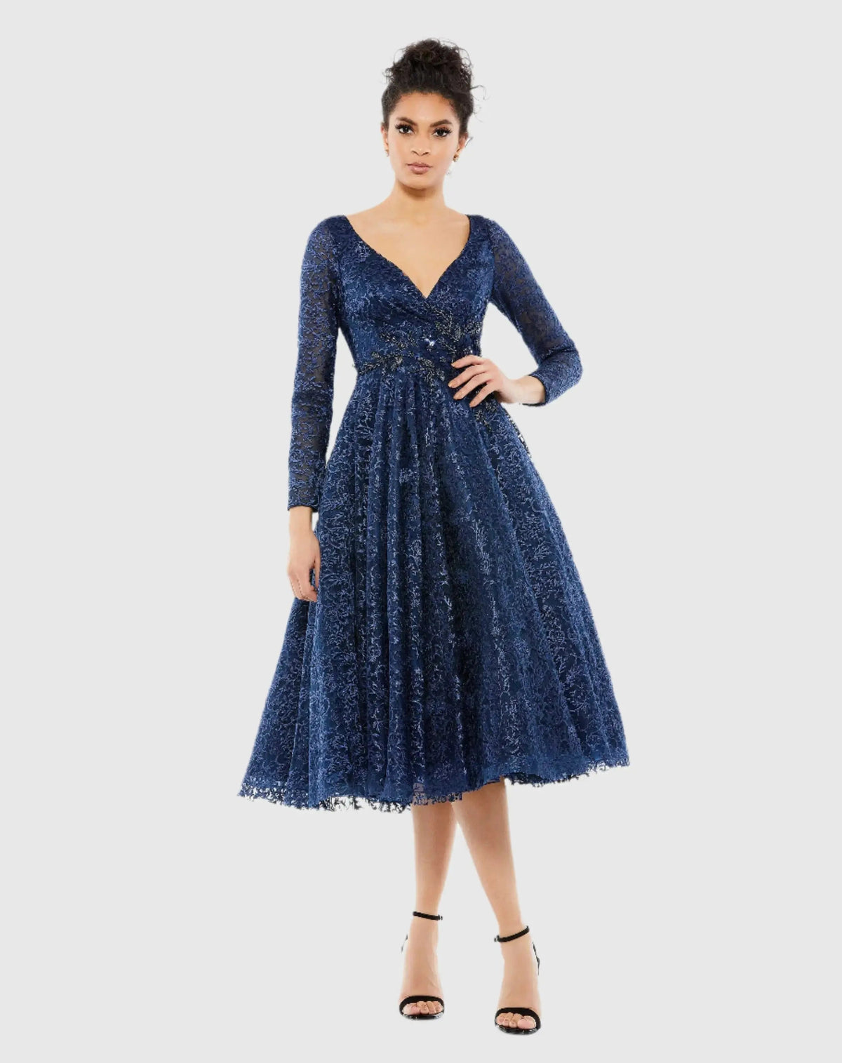 Navy Long Sleeve Tea Length Dress