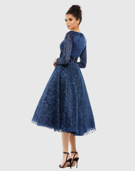 Navy Long Sleeve Tea Length Dress