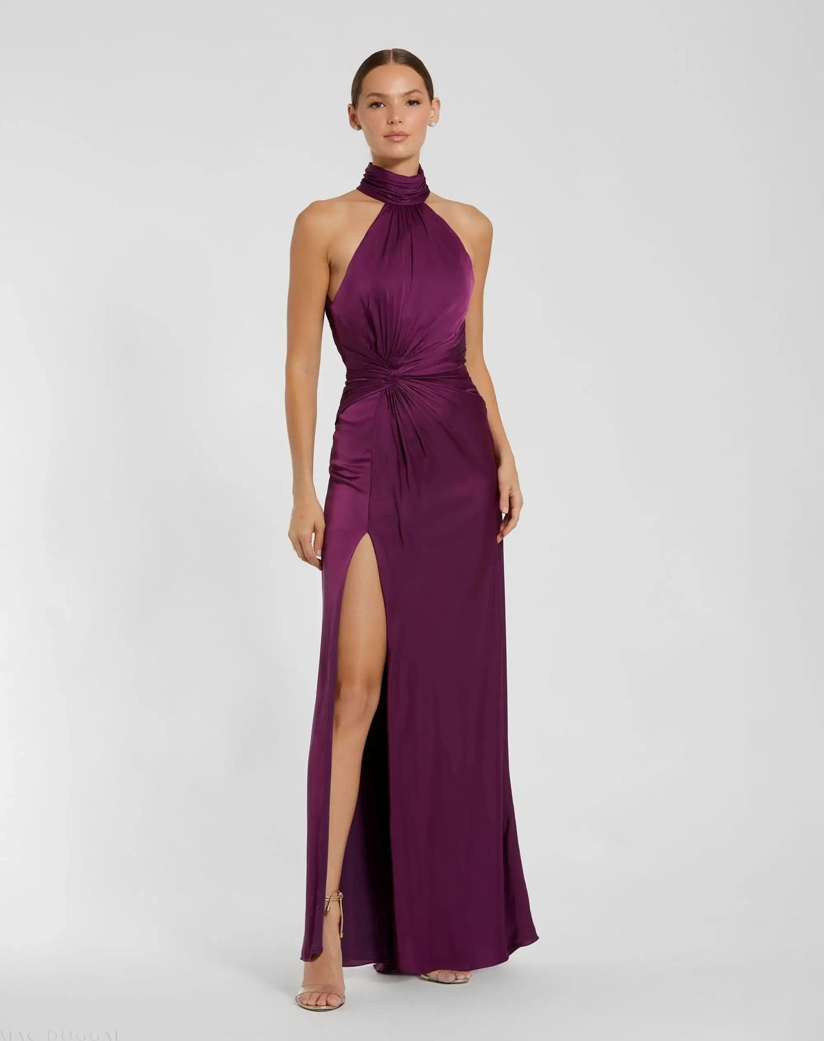 Purple Open Back High Neck Side Ruched Gown