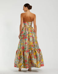 Multicolor Strapless Floral Brocade Dress with Ruffles
