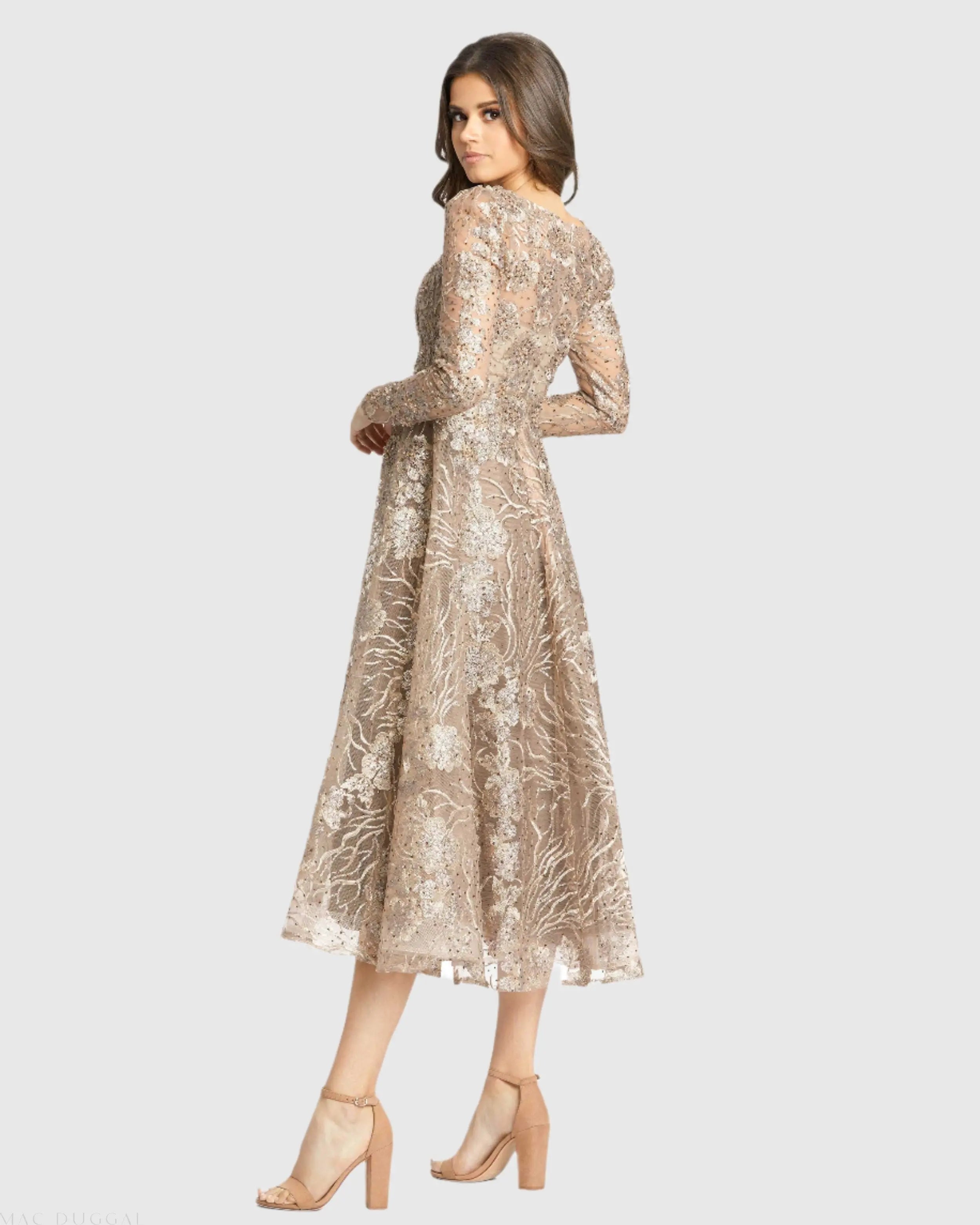 Beige Embellished Plunge Neck Long Sleeve Midi Dress