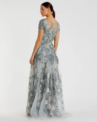 Green Floral Embroidered Short Cap Evening Gown