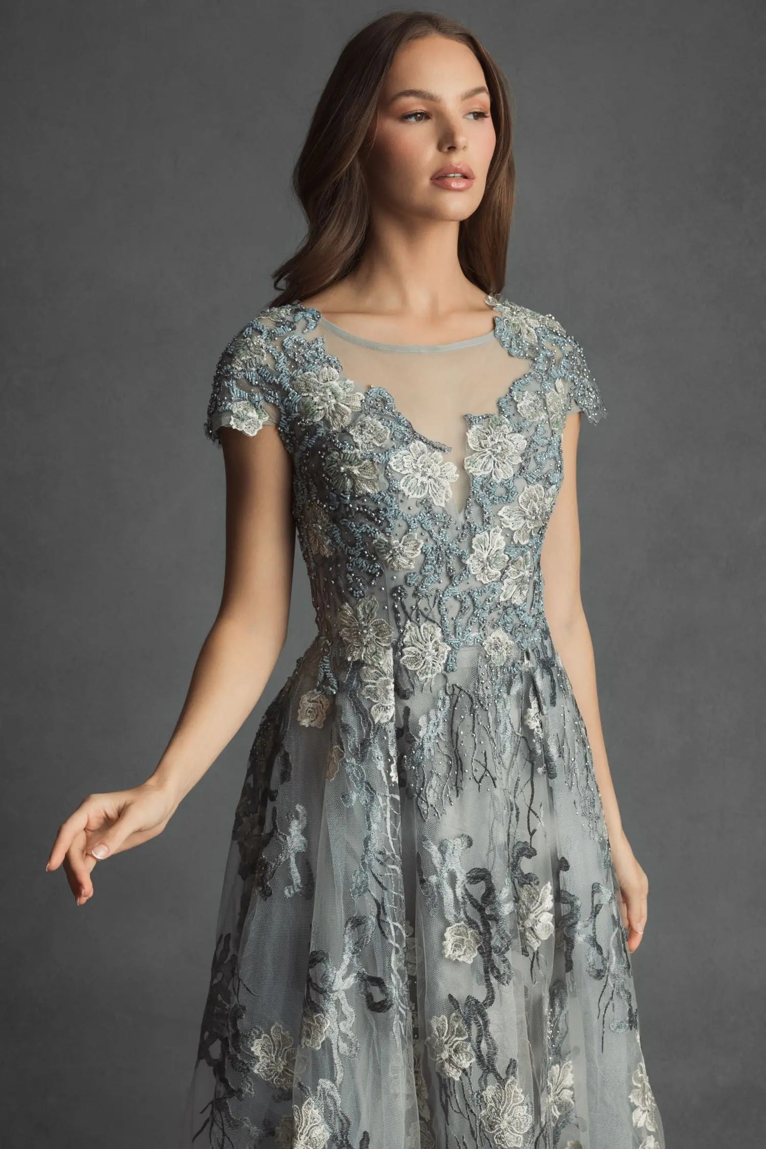 Green Floral Embroidered Short Cap Evening Gown
