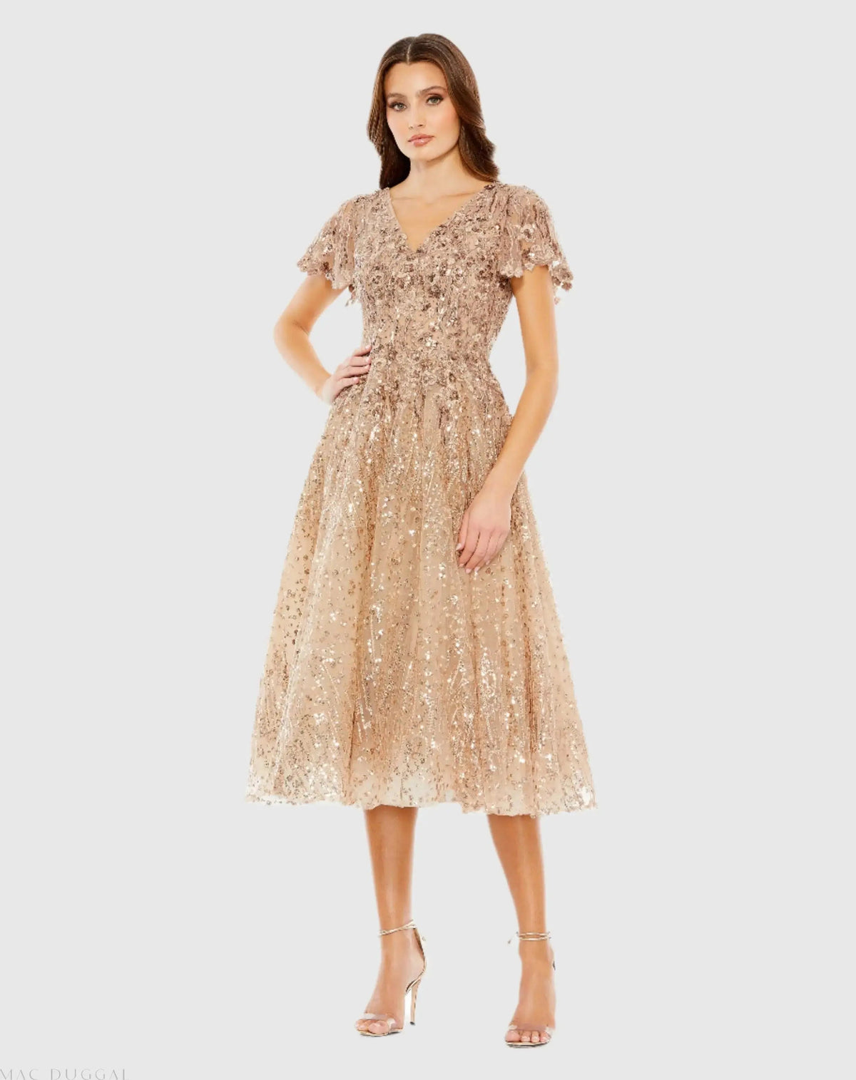 Beige Embellished Butterfly Fit and Flare Tea-Length Dress
