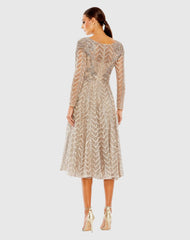Beige Embellished Long Sleeve Wrap Over Dress