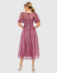 Purple High Neck Puff Sleeve Embellished A Line Dress