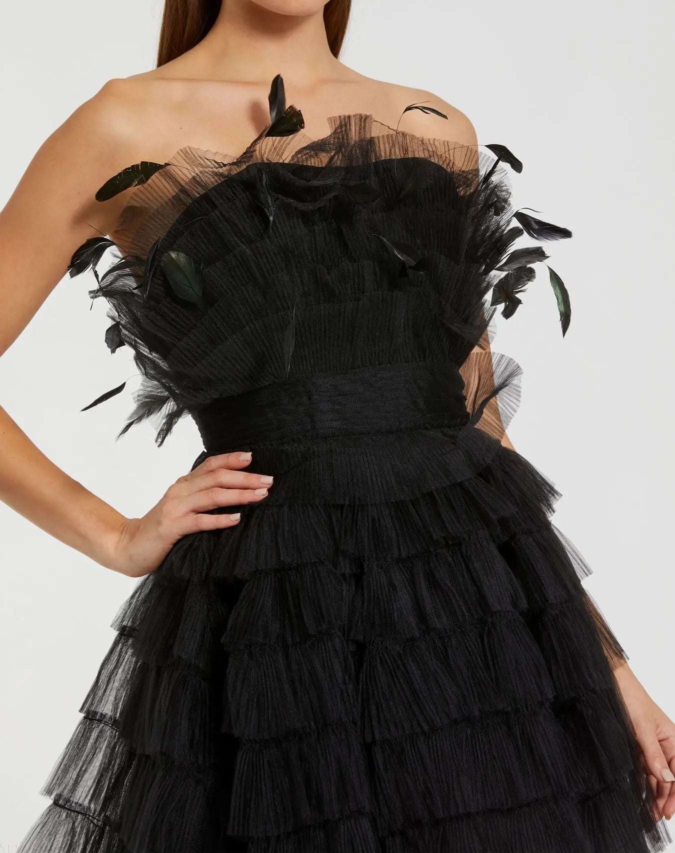 Black Feathered Strapless Tulle Fit and Flare Dress