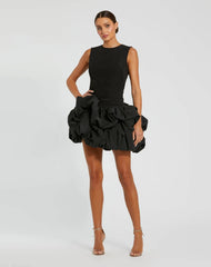 Black Sleeveless Crepe Bubble Skirt Mini Dress