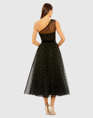 Black One Shoulder Pearl Beaded Midi Ballgown