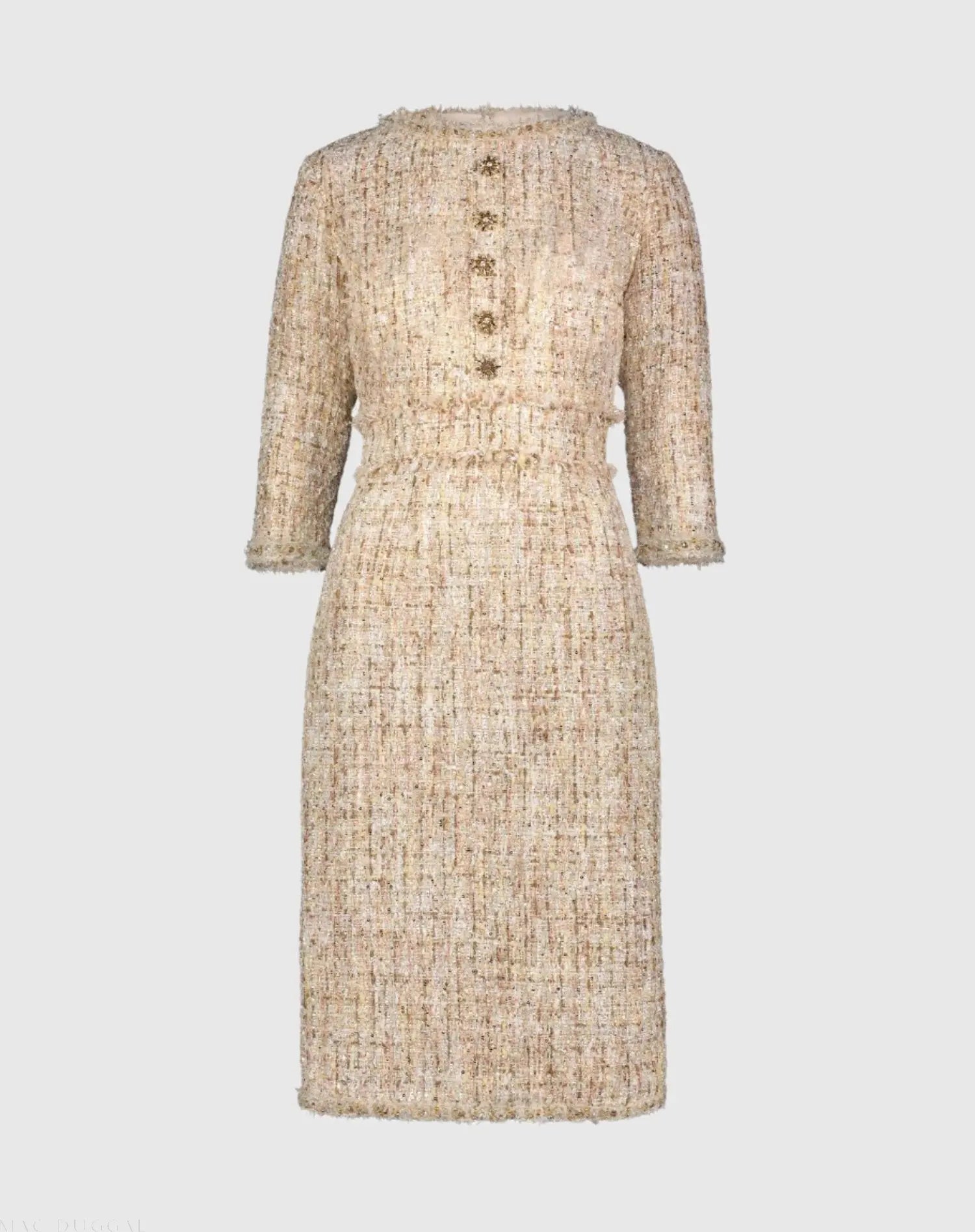 Beige 3/4 Sleeve Beaded Trim Patch Pocket Tweed Midi Dress