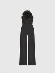 Black Crepe Halter Neck Jumpsuit With Flower