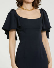 Navy Crepe Fitted Column Dress With Short Ruffle Sleeves