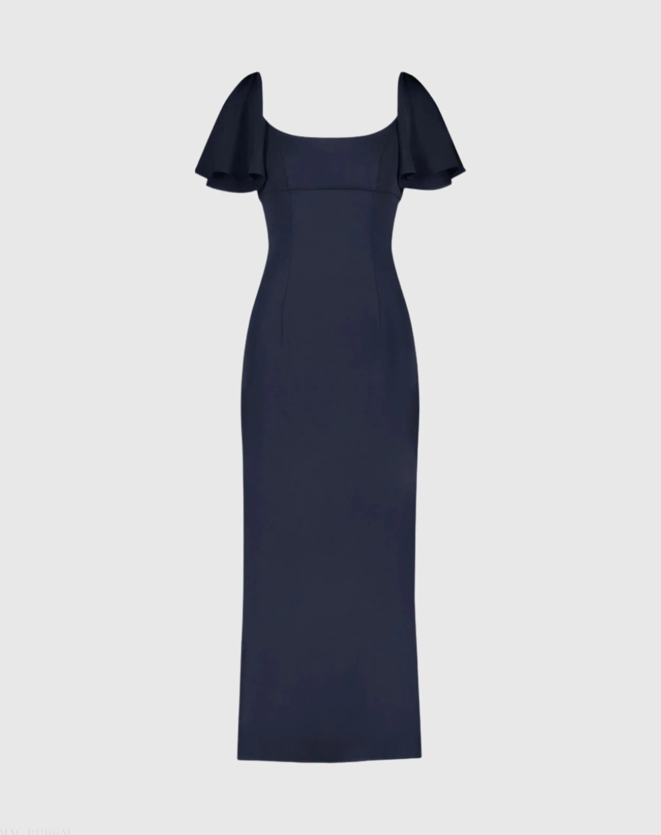 Navy Crepe Fitted Column Dress With Short Ruffle Sleeves