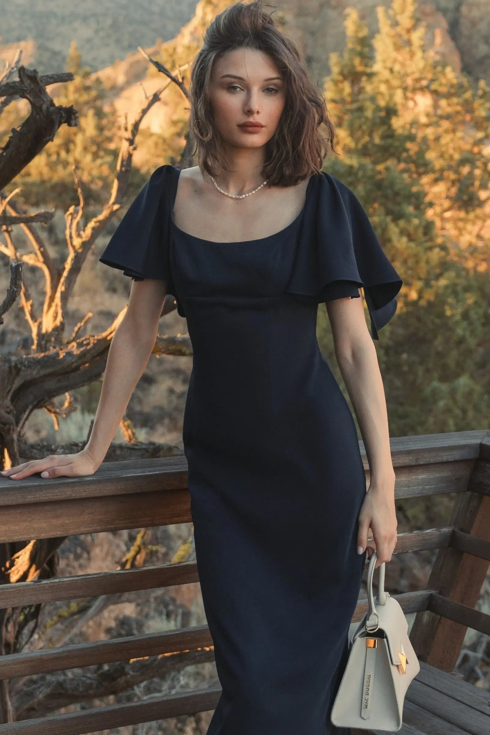 Navy Crepe Fitted Column Dress With Short Ruffle Sleeves