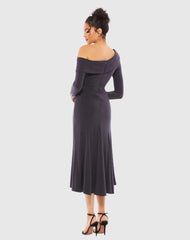Purple Foldover Long Sleeve Jeweled Midi Dress