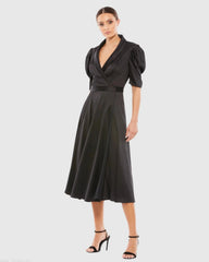 Black Satin Lapel Puff Sleeve Tea Length Dress