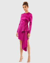Purple Asymmetrical Draped Long Sleeve Mini Dress