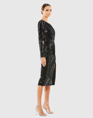 Black Ruched Sequined One Shoulder Midi Dress