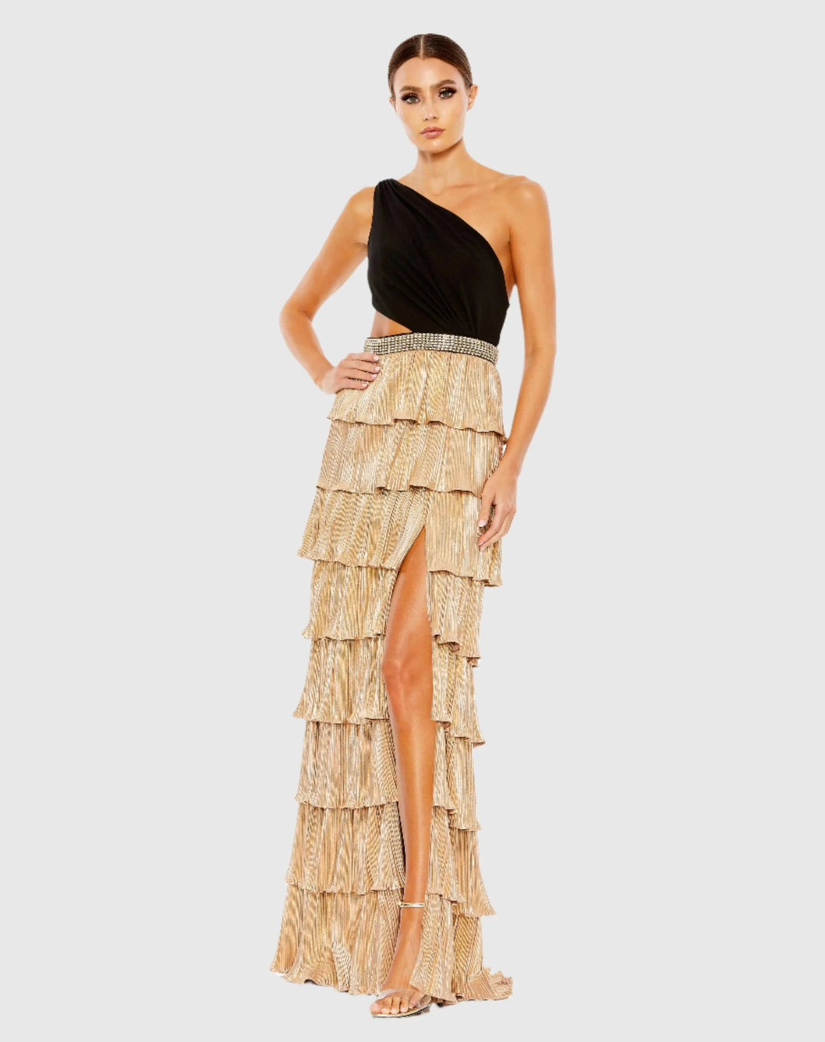 Black and Gold Tiered One Shoulder Gown