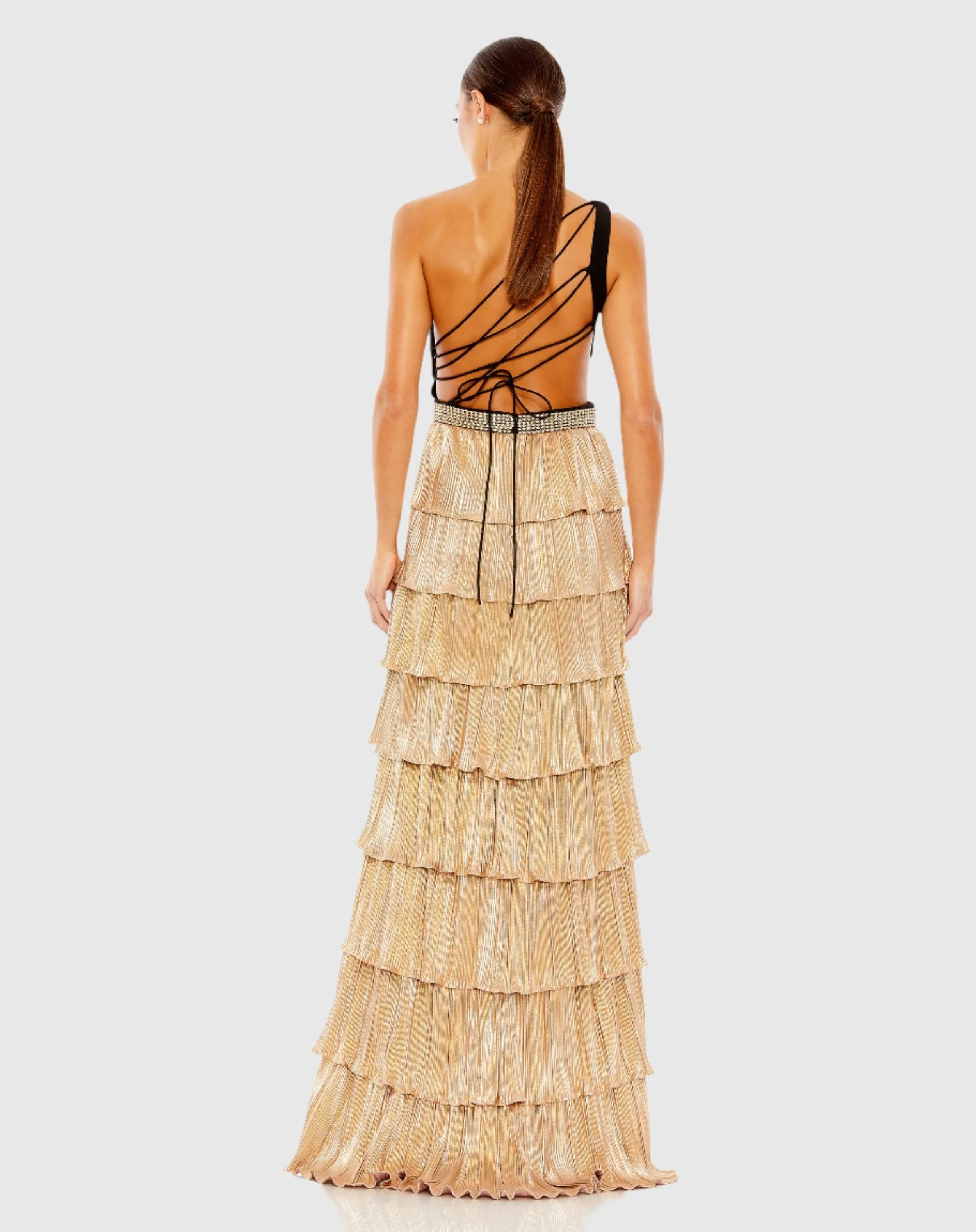 Black and Gold Tiered One Shoulder Gown