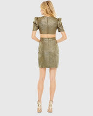 Gold Metallic Puff Sleeve Cut Out Mini Dress