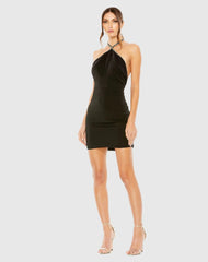 Black Rhinestone Detailed Low Back Halter Mini Dress