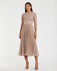 Pink Shimmering 3/4 Sleeve A-Line Midi Dress