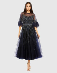 Navy High Neck A-Line Dress with 3/4 Feather Detail Sleeves
