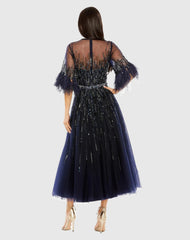 Navy High Neck A-Line Dress with 3/4 Feather Detail Sleeves