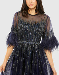Navy High Neck A-Line Dress with 3/4 Feather Detail Sleeves
