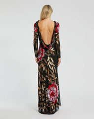 Black Embellished Floral Long Sleeve Gown