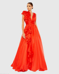 Red Ruffle Shoulder V-Neck Chiffon Gown