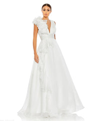 White Ruffle Shoulder V-Neck Chiffon Gown