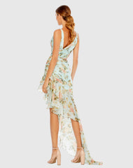 Blue Floral Print Asymmetrical Ruffle Hem Dress