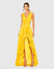 Yellow Cut Out High Low Ruffle Gown