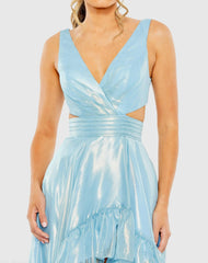 Blue Cut Out High V-Neck Low A-line Dress