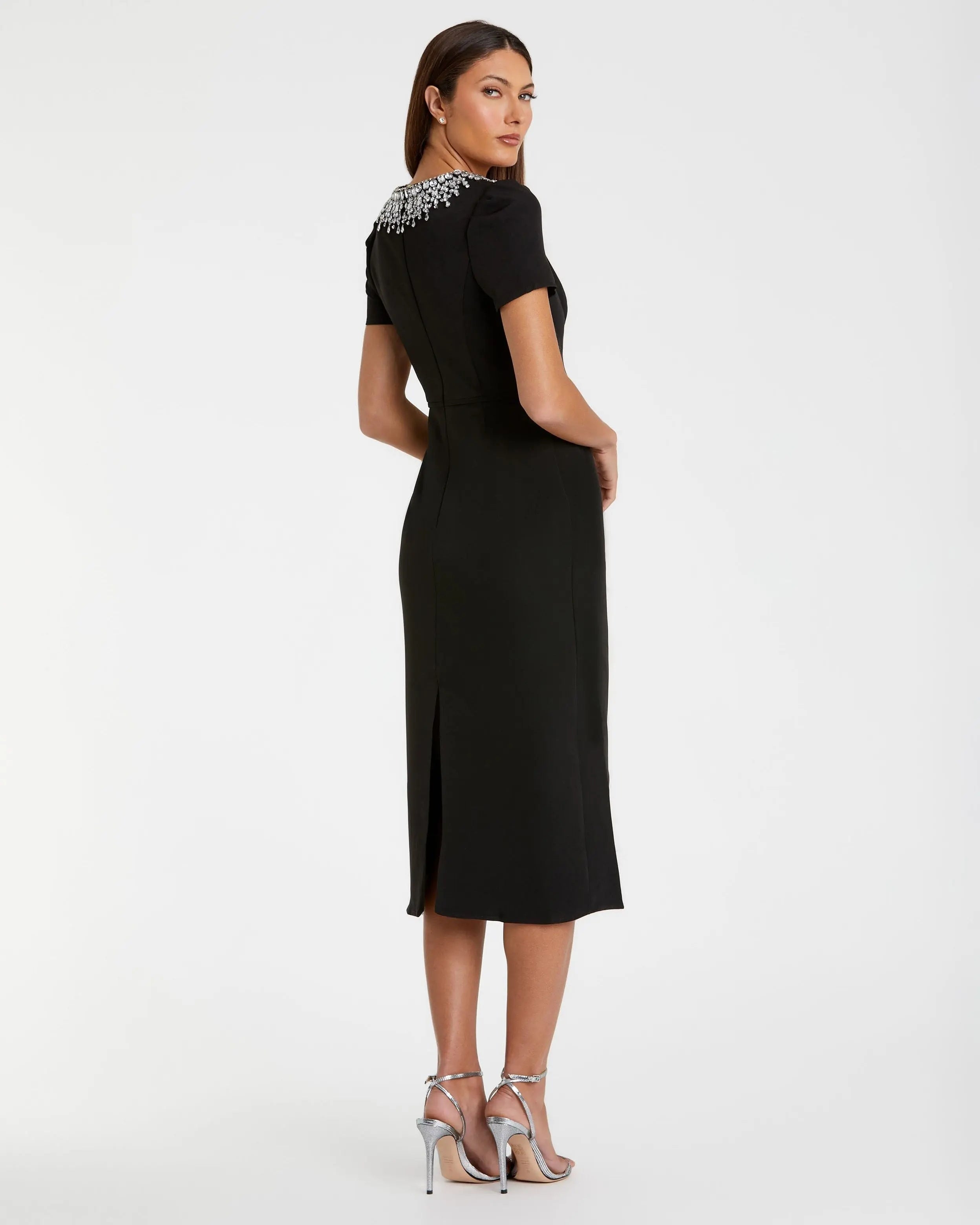 Black Short Sleeve Rhinestone Neckline Sheath Dress