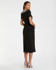 Black Short Sleeve Rhinestone Neckline Sheath Dress