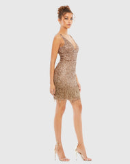 Brown Beaded Fringe Sequined Mini Dress