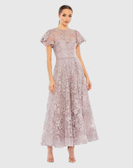 Purple Embroidered High Neck Cap Sleeve A Line Dress