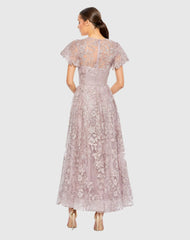 Purple Embroidered High Neck Cap Sleeve A Line Dress