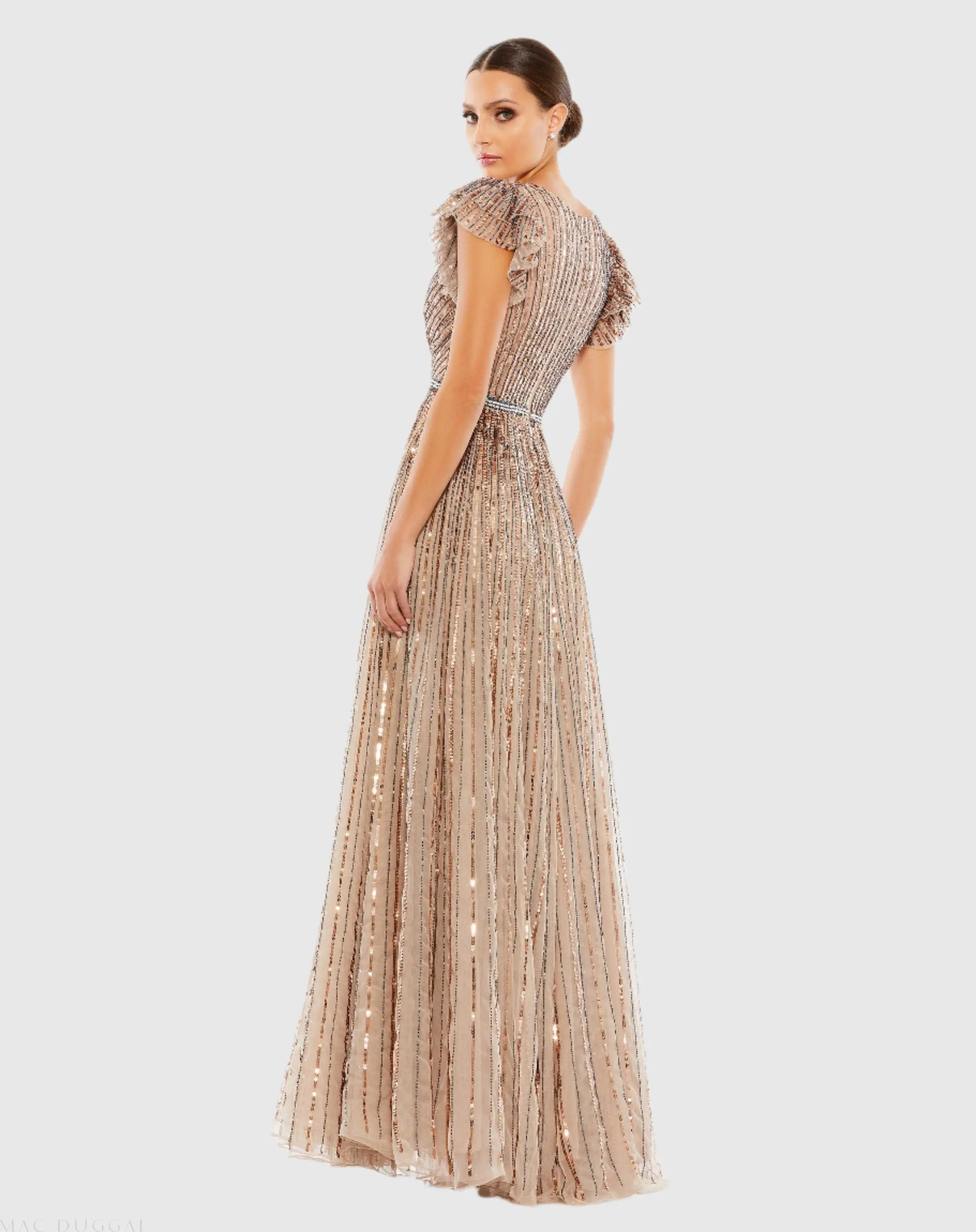 Beige Sequined Wrap Over Ruffled Cap Sleeve Gown