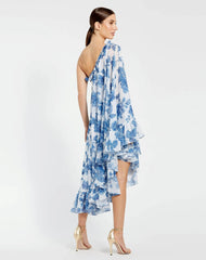 White and Blue Floral Print One Shoulder Cape Dress