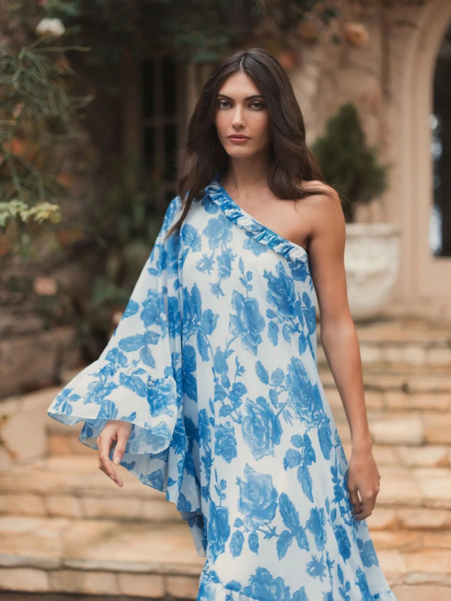 White and Blue Floral Print One Shoulder Cape Dress