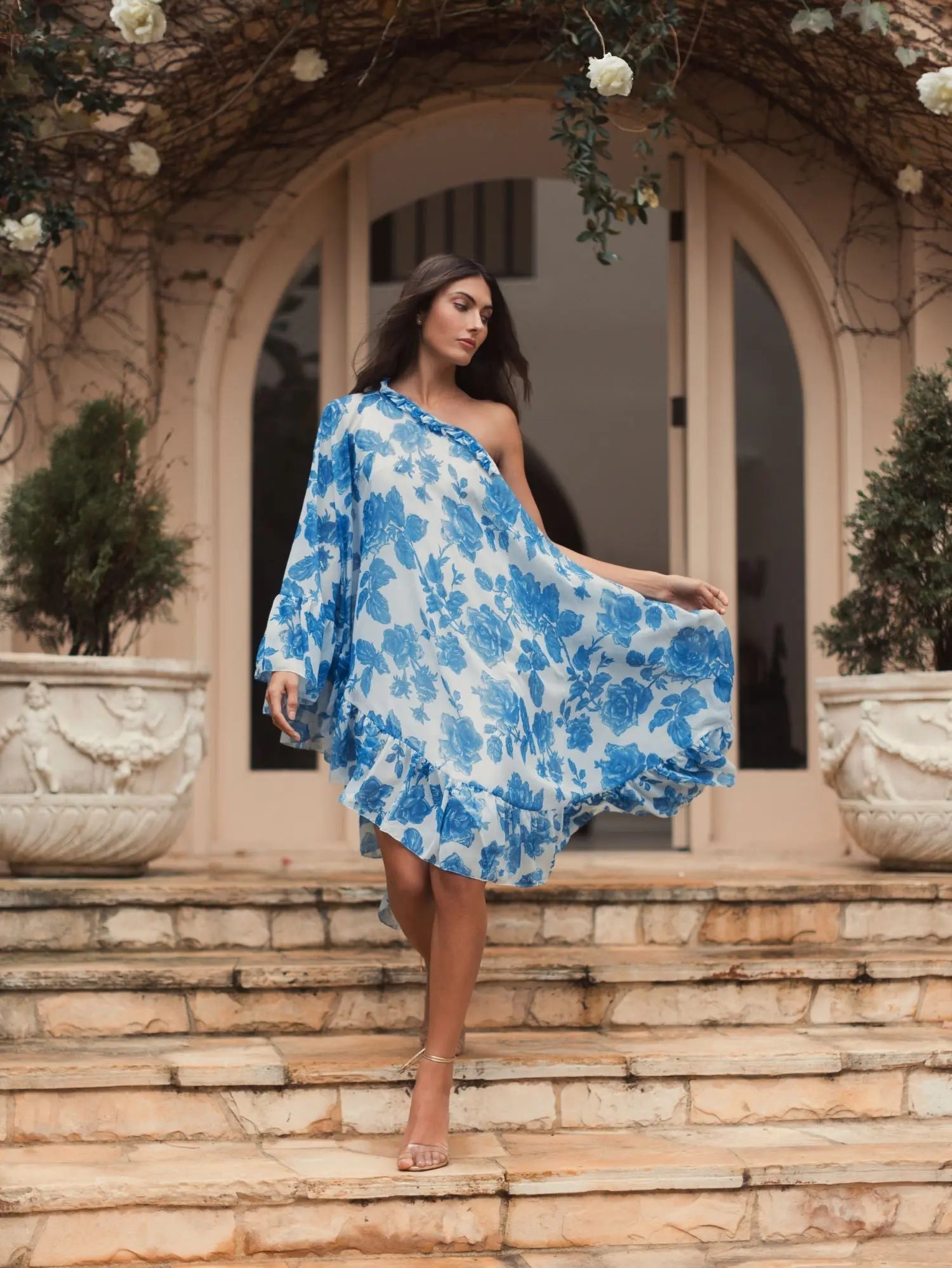 White and Blue Floral Print One Shoulder Cape Dress