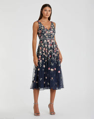 Navy V-Neck Sleeveless Midi Floral Beaded A-line Dress