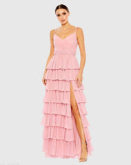 Pink V-Neck Sleeveless Gown with Ruffled Skirt